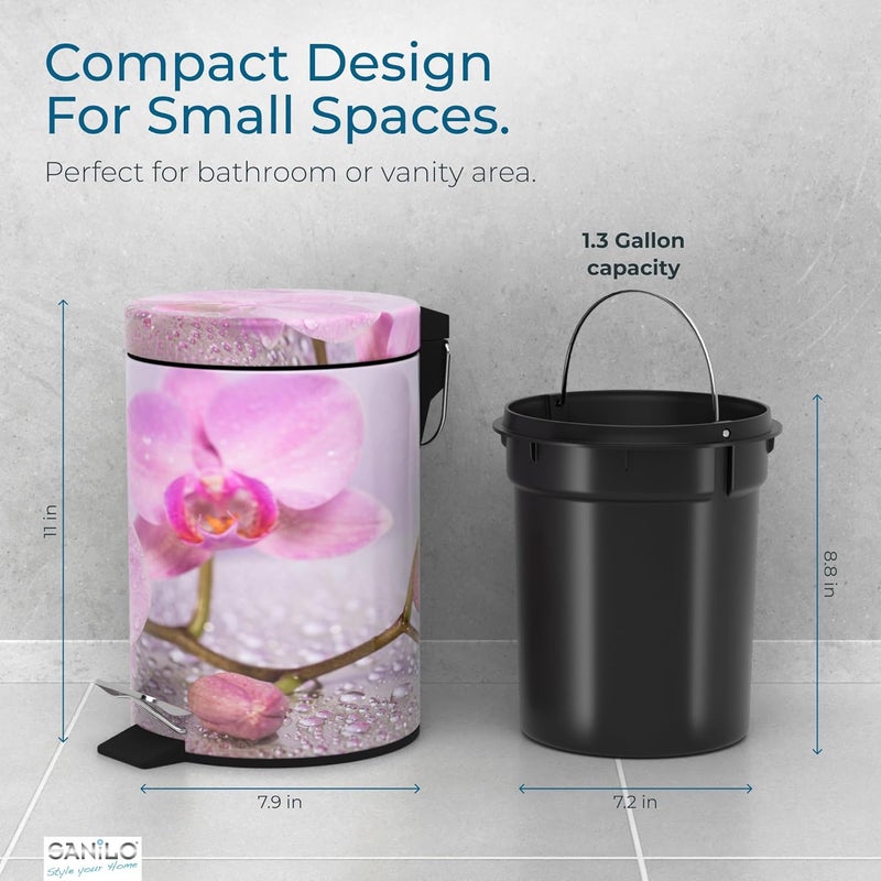 Sanilo Small Bathroom Trash Can with Lid [1.3 Gallon] - Lidded Tiny Trashcan for Garbage - Mini Metal Bin with Soft Closing Mechanism - Bath Room Accessoire Wastebin with Inner Bucket (Blooming) - Image 5